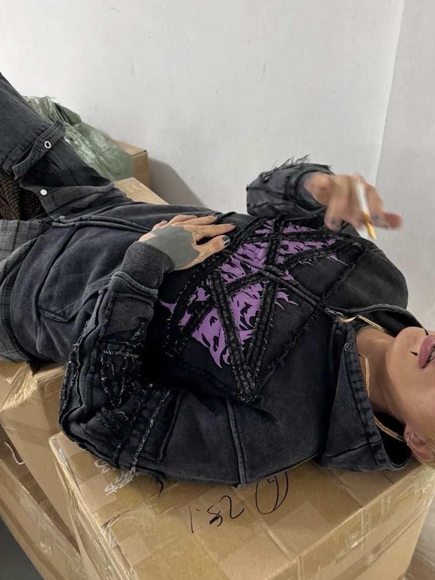 モデル身長サイズ【Reckless Scholars】PENT PATCH FLANNEL HOODIE / 【レックレス スカラーズ】フロントデザインレイヤードウォッシュジップパーカー