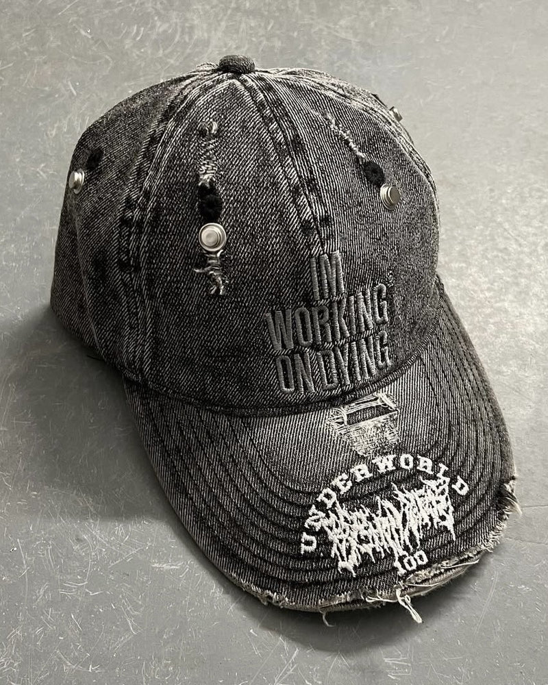 サイズ【Reckless Scholars】WOD THRASHED DENIM CAP / 【レックレス スカラーズ】ロゴデザインダメージウォッシュデニムキャップ