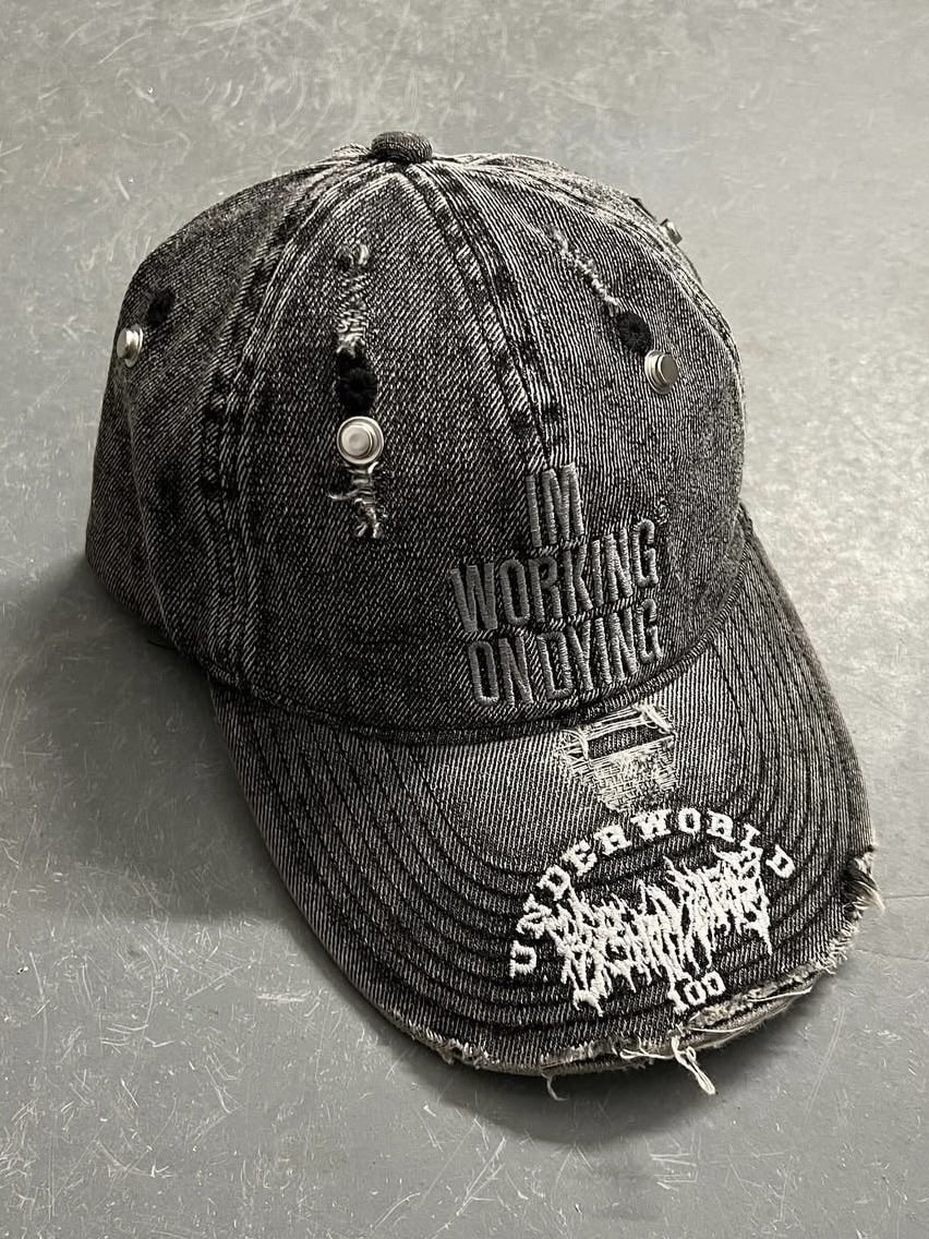 サイズ【Reckless Scholars】WOD THRASHED DENIM CAP / 【レックレス スカラーズ】ロゴデザインダメージウォッシュデニムキャップ
