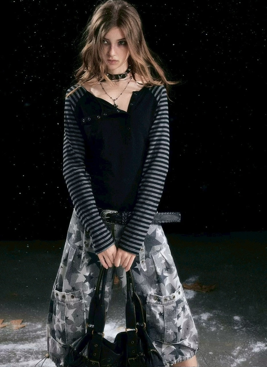 【Cest Nous】Asymmetric henley neck top / 【セヌー】ボーダースリーブ長袖Ｔシャツ