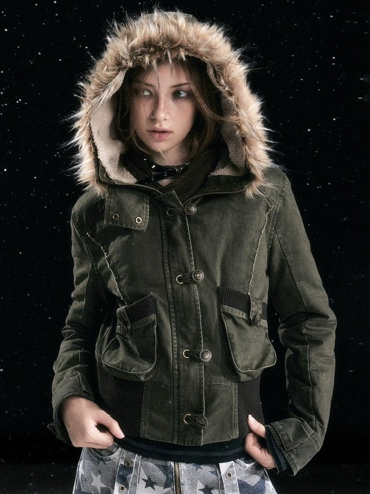 【Cest Nous】Military green washed jacket / 【セヌー】ファーフードミリタリージャケット