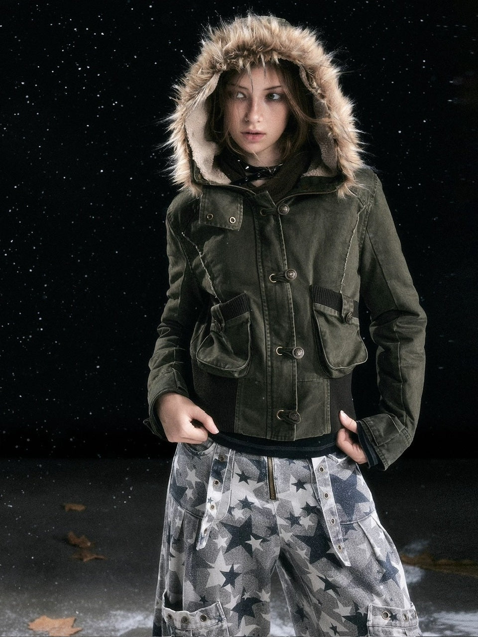 【Cest Nous】Military green washed jacket / 【セヌー】ファーフードミリタリージャケット