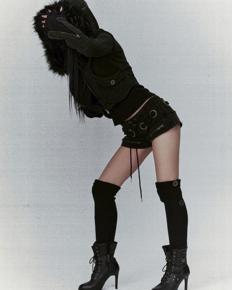 【bonienkiye】Distressed Seam Fur Hood Zip-Up