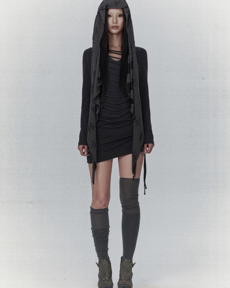 【bonienkiye】Distressed Hood Scarf Dress