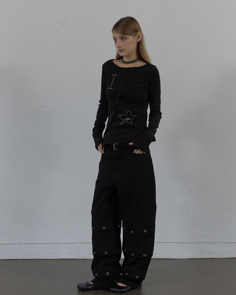 【SETUP‐EXE】STAR BUTTON TOP / 【セットアップエグゼ】ラインストーンボタン長袖Tシャツ
