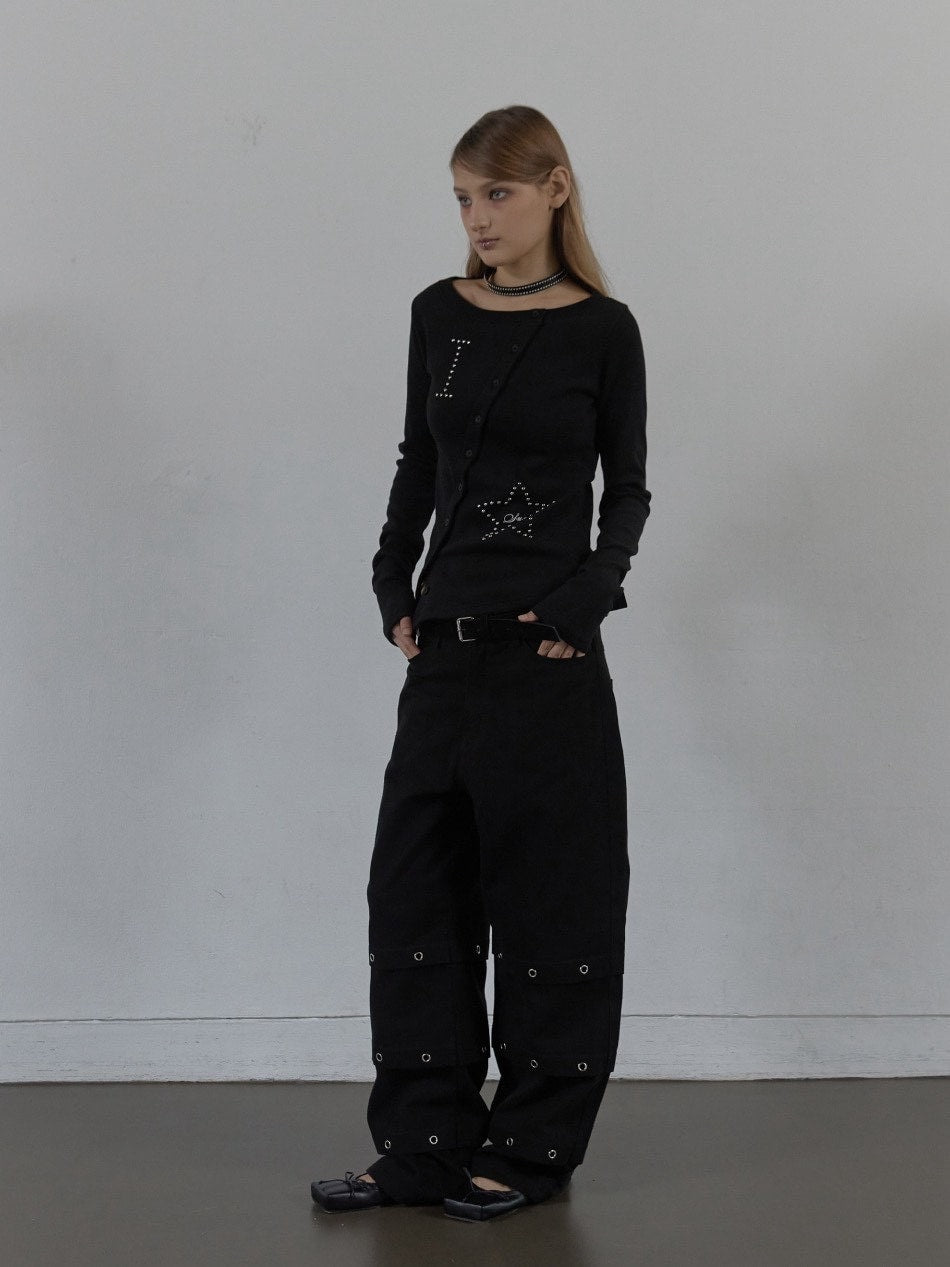 【SETUP‐EXE】STAR BUTTON TOP / 【セットアップエグゼ】ラインストーンボタン長袖Tシャツ