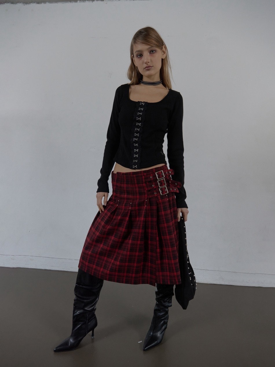 【SETUP‐EXE】CHECK BUCKLE WRAP SKIRT / 【セットアップエグゼ】ベルトチェックラップスカート