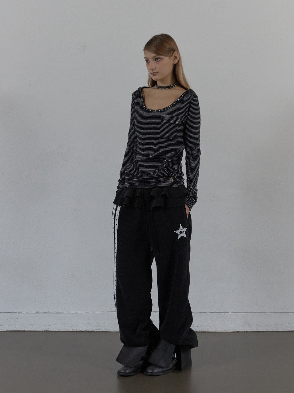 【SETUP‐EXE】FRILL EYELET SWEATPANTS / 【セットアップエグゼ】フリルアイレットサイドラインスウェットパンツ