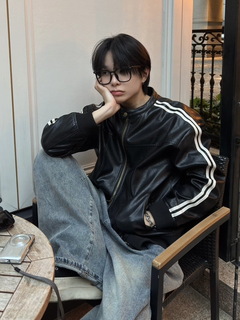 国際配送【LUV CODE】line leather jacket (2color)