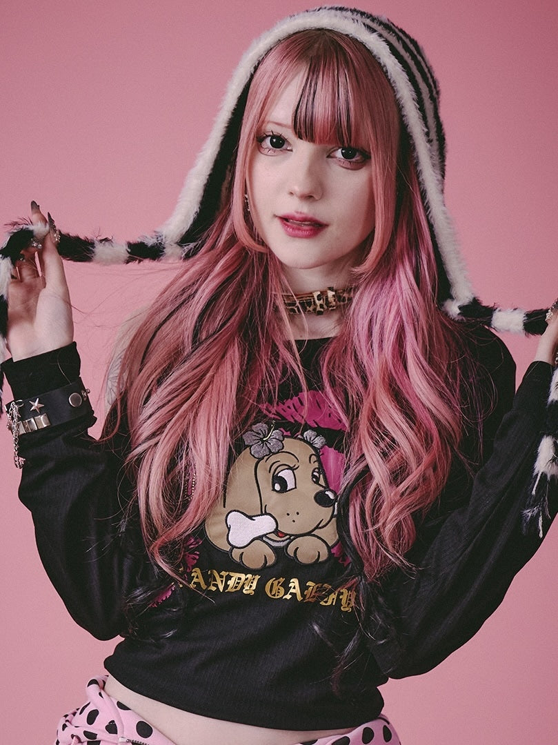 【GALFY】SEXY LIPS TEE / 【ガルフィー】ワンショルダーリッププリント長袖Tシャツ