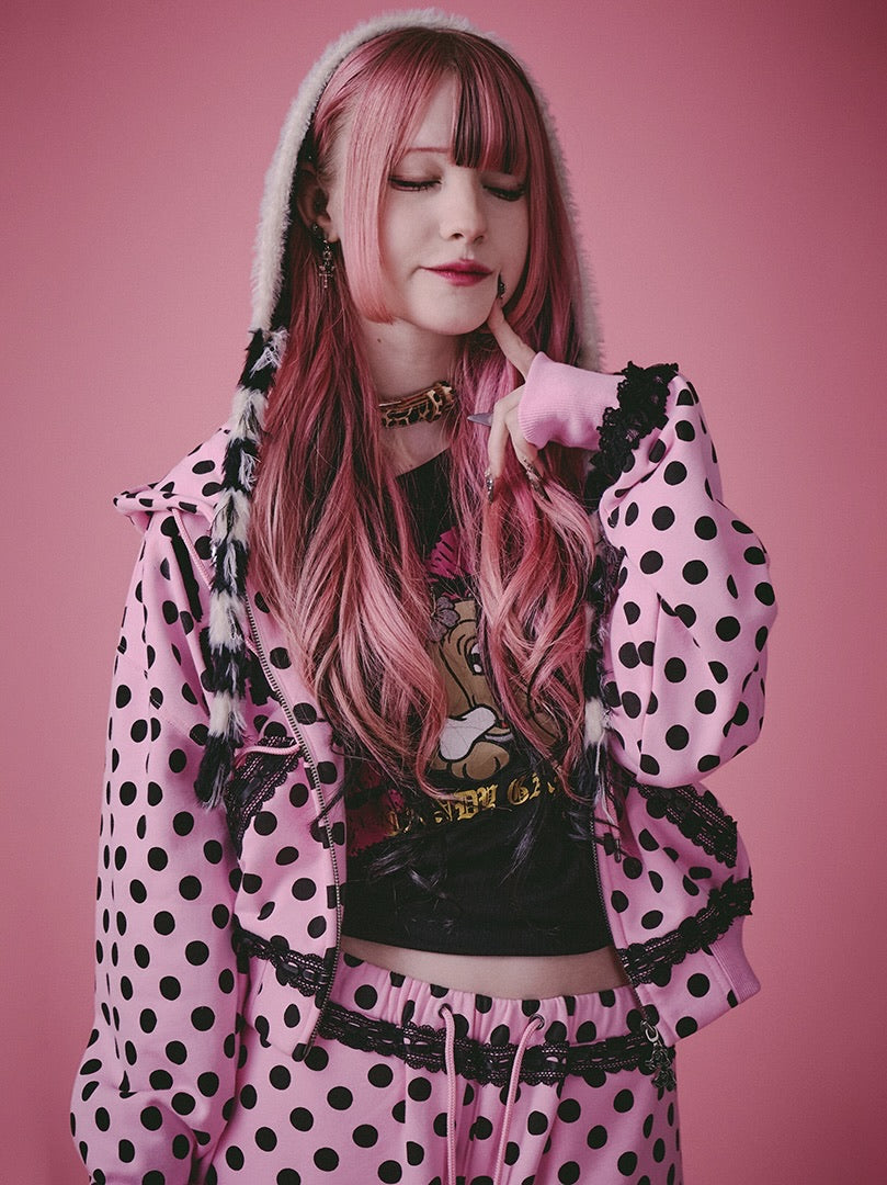 【GALFY】ポップポップI LOVE GALパーカー / 【ガルフィー】バックデザインドット耳付きジップアップパーカー