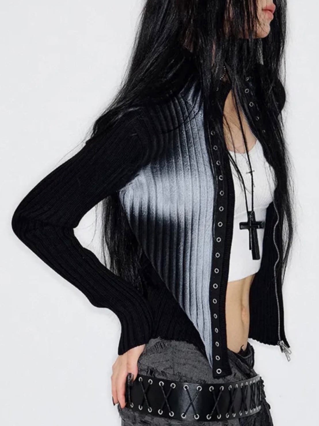 【NOT KNOWING】Cross Spray Damaged Knit Zip Up