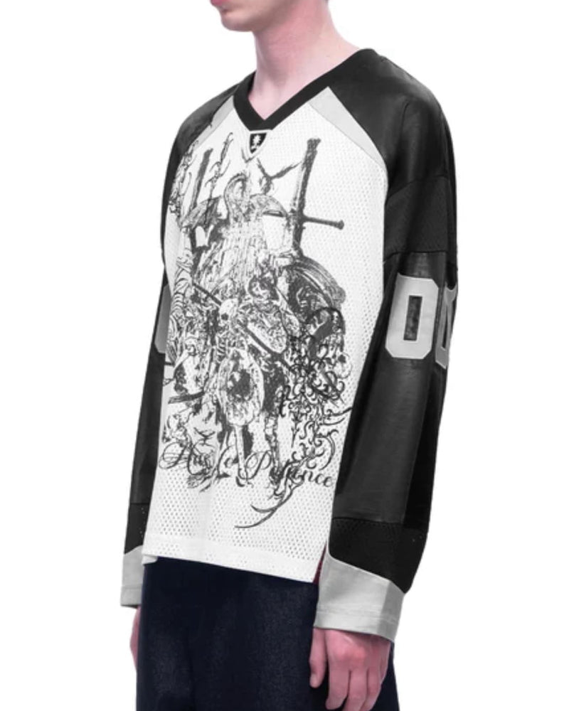 【The Boy Has No Patience】 TBHNP LUMINOUS DAWN SWORDSHIELD SPECTER PRINTED RUGBY L/S TEE / 【ザボーイハズノーペーシェンス】フロントプリントラグビー長袖Tシャツ