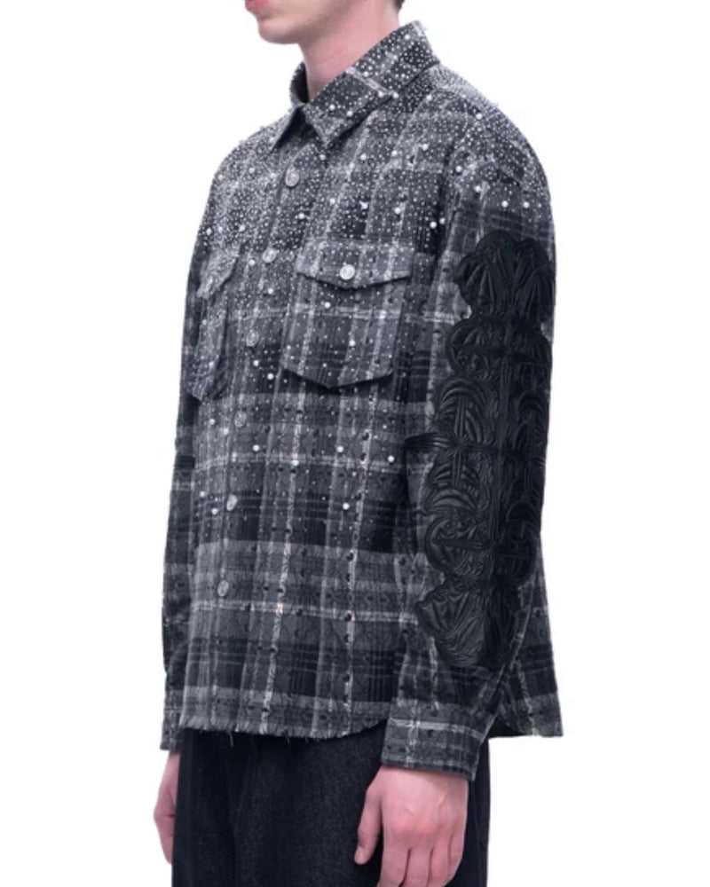【The Boy Has No Patience】TBHNP LUMINOUS DAWN RHINESTONE PEARL BAT PATTERN L-S SHIRT / 【ザボーイハズノーペーシェンス】ラインストーンチェックシャツ