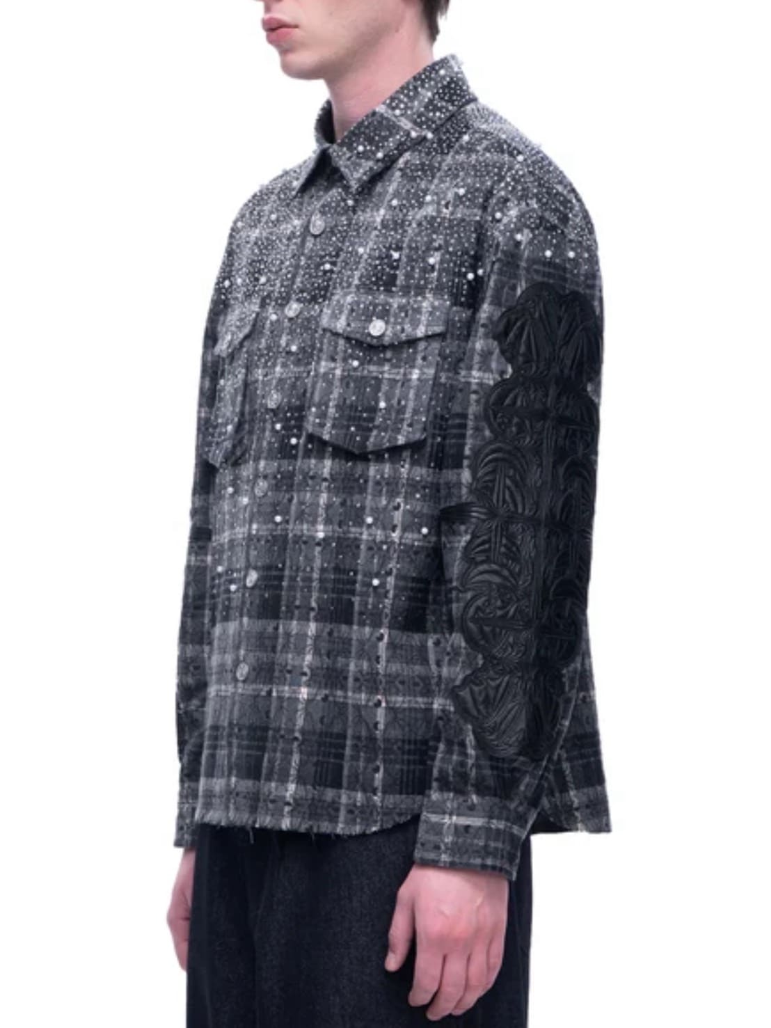 【The Boy Has No Patience】TBHNP LUMINOUS DAWN RHINESTONE PEARL BAT PATTERN L-S SHIRT / 【ザボーイハズノーペーシェンス】ラインストーンチェックシャツ