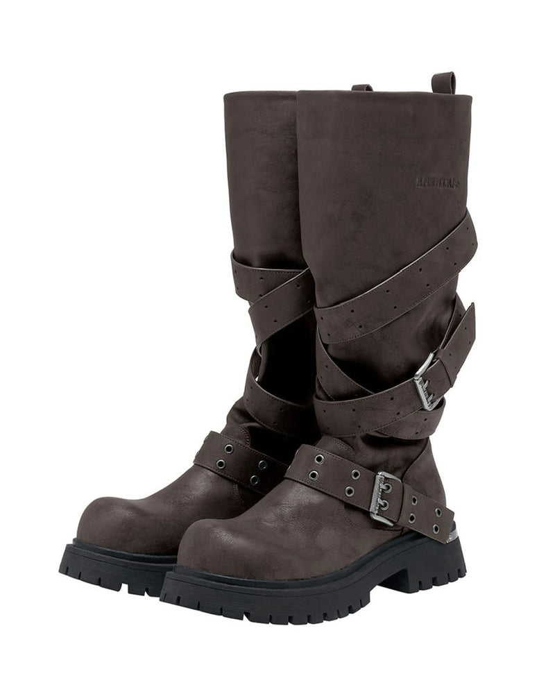 【BLACK PURPLE】Rusk Strap Slouched Boots