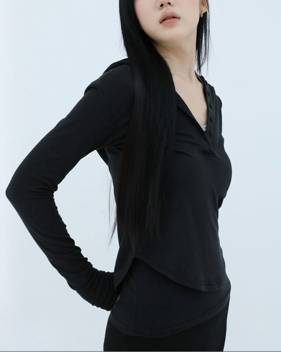 【Uglyshadow】SLIM LONG BUTTON HOODIE TOP