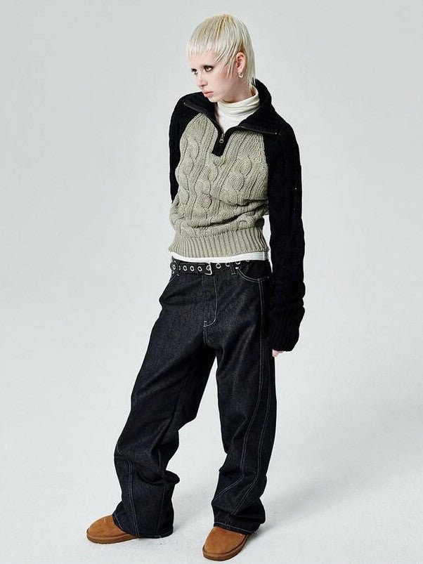 【runningHIGH】COLOR BLOCK TURTLENECK ZIP UP KNIT PULLOVER