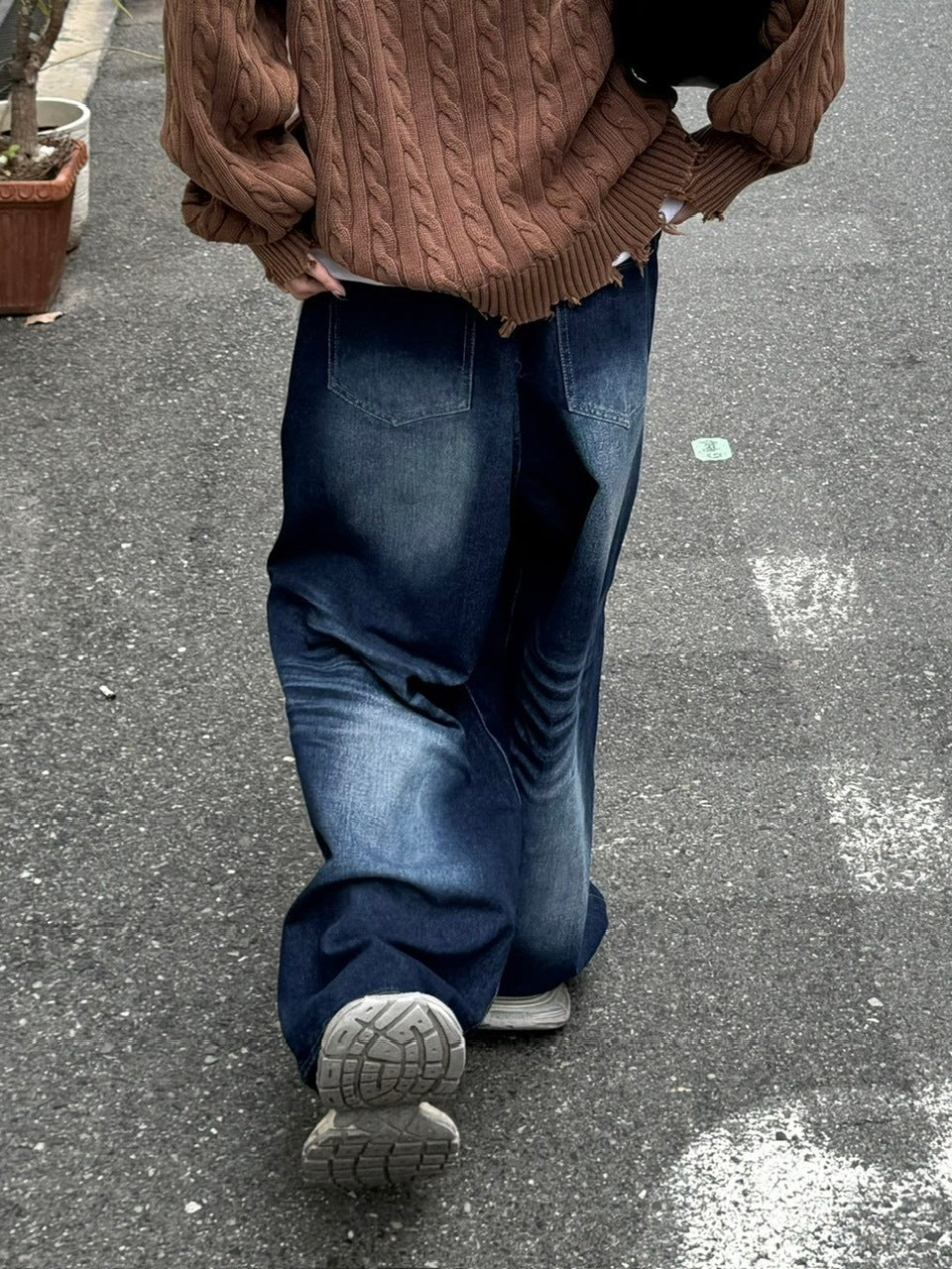 【Chikashitsu +】design washing wide denim pants (2color) / 【チカシツプラス】デザインウォッシングワイドデニムパンツ