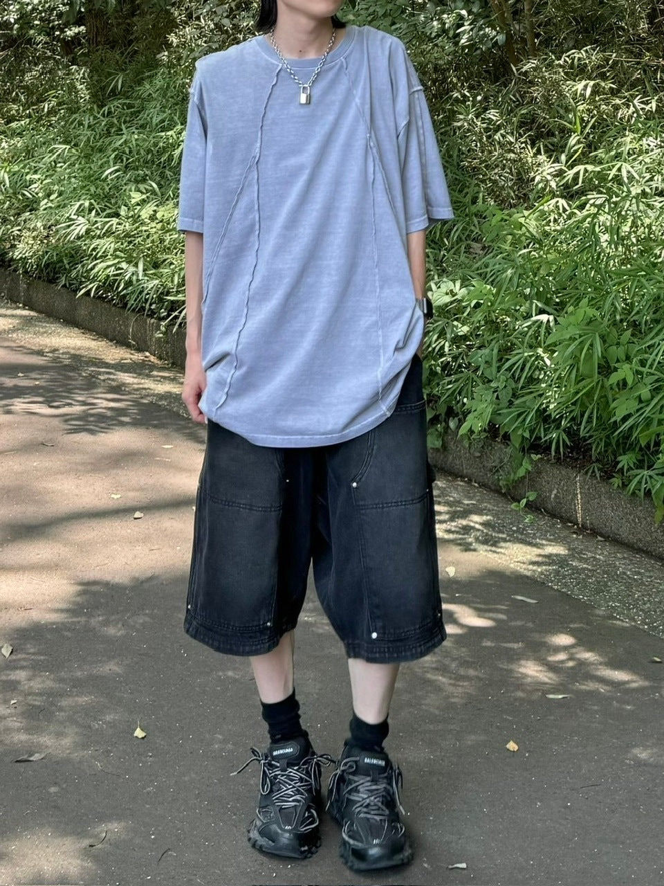 受注制【Chikashitsu +】studs design denim half pants (2color)