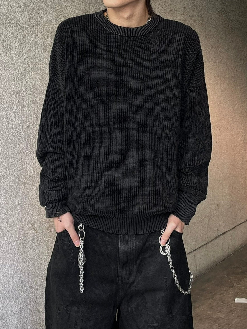 【Chikashitsu +】vintage wash damage knit (3color) / 【チカシツプラス】ビンテージウォッシュダメージ長袖ニット