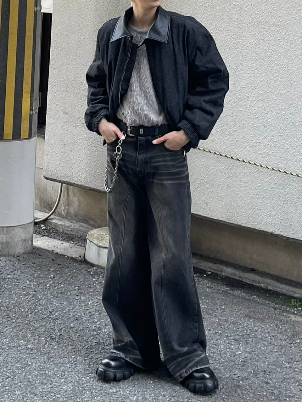 大阪店WEB限定【Chikashitsu +】cropped leather collar denim jacket