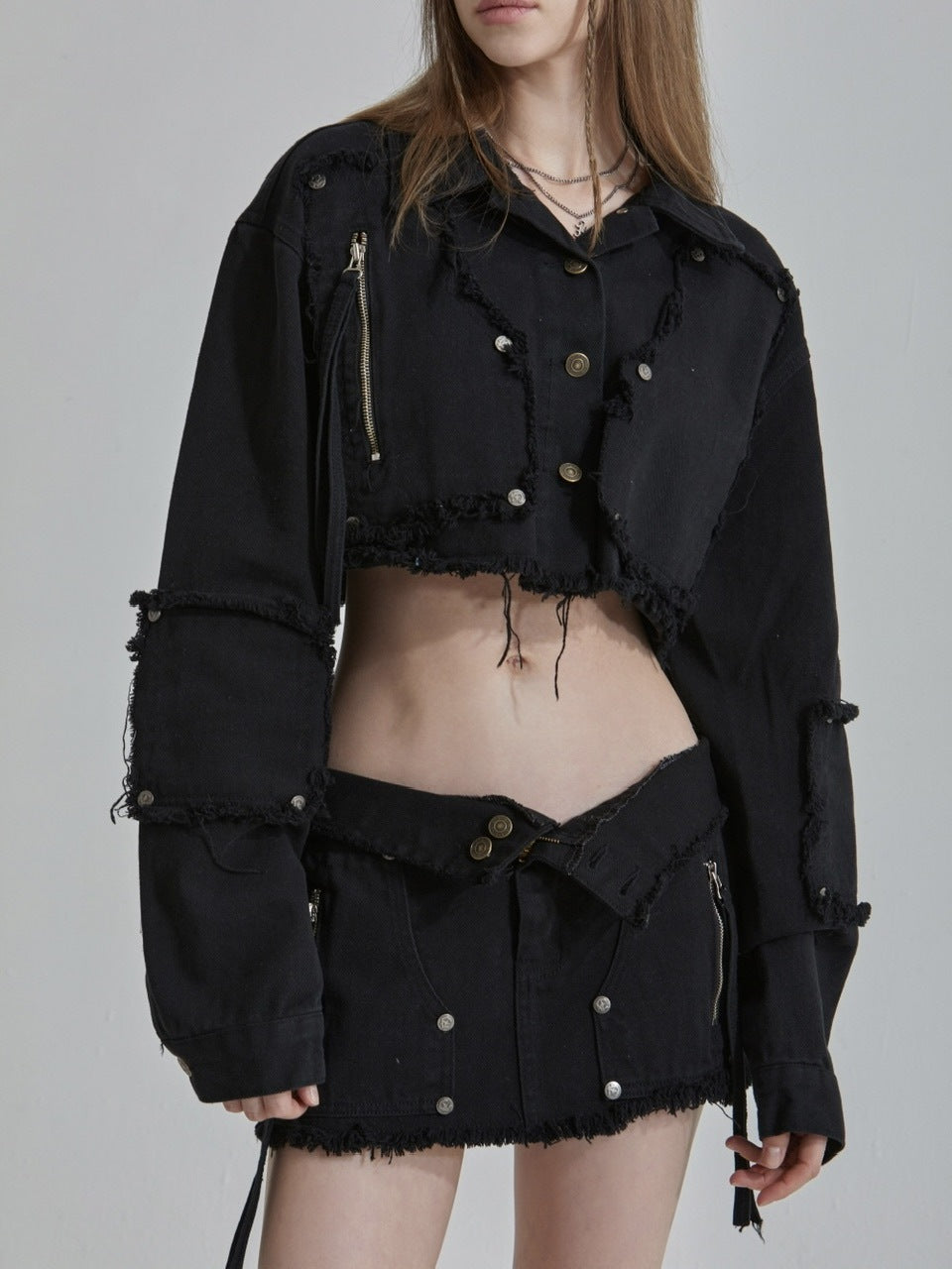 【GATELESS】RIVET FRINGE DENIM MINI SKIRT