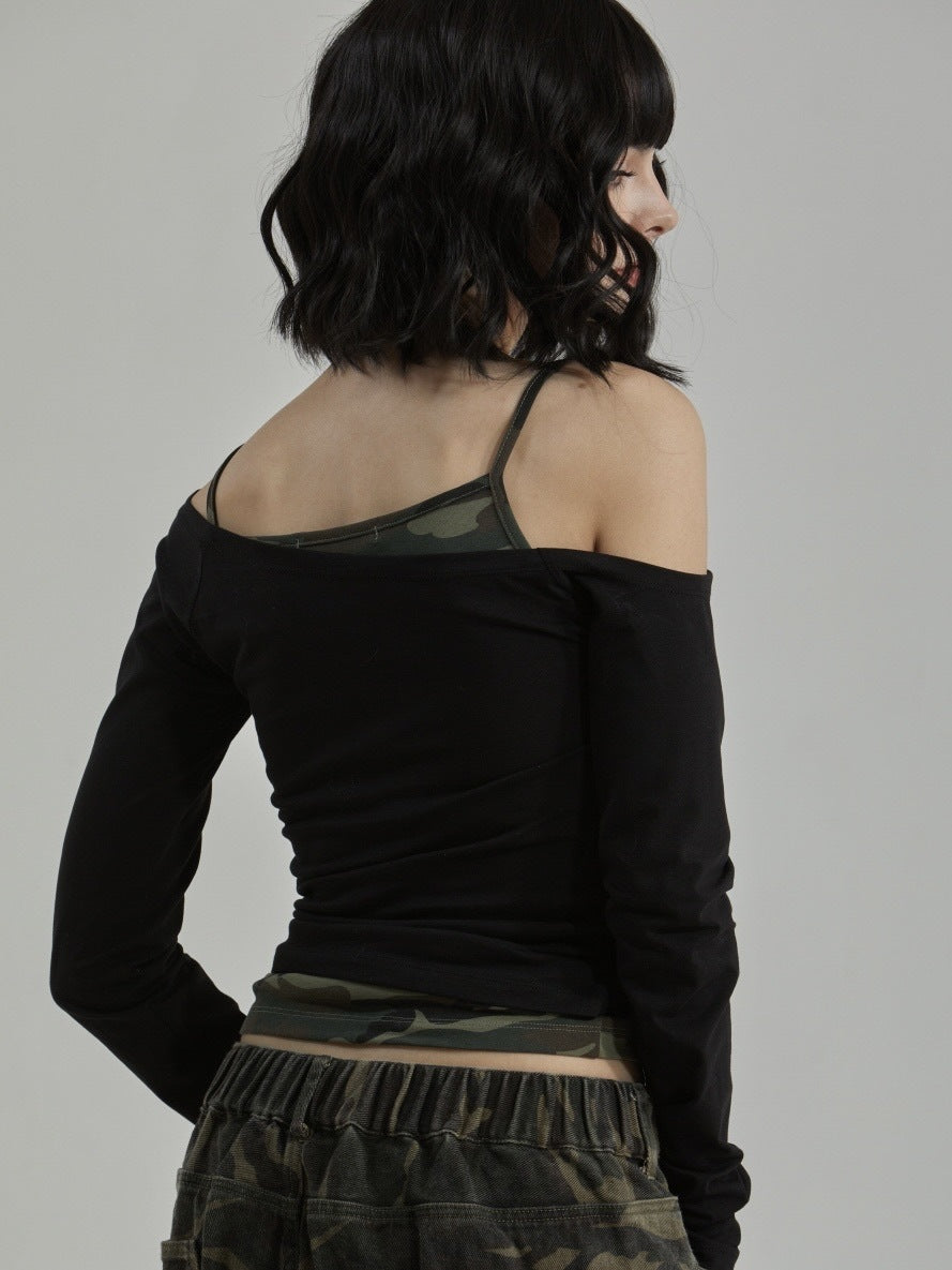 【GATELESS】CAMOUFLAGE LAYERED ONE SHOULDER T-SHIRT