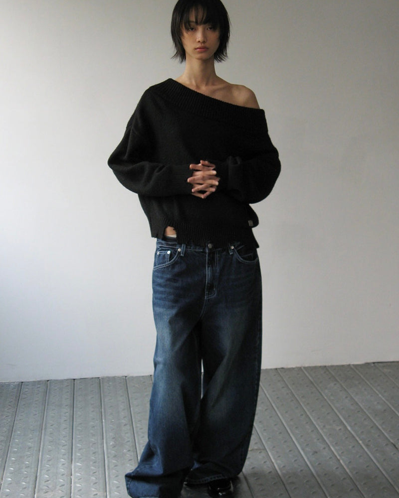 【ROCK CAKE】Off Shoulder Damaged Knit