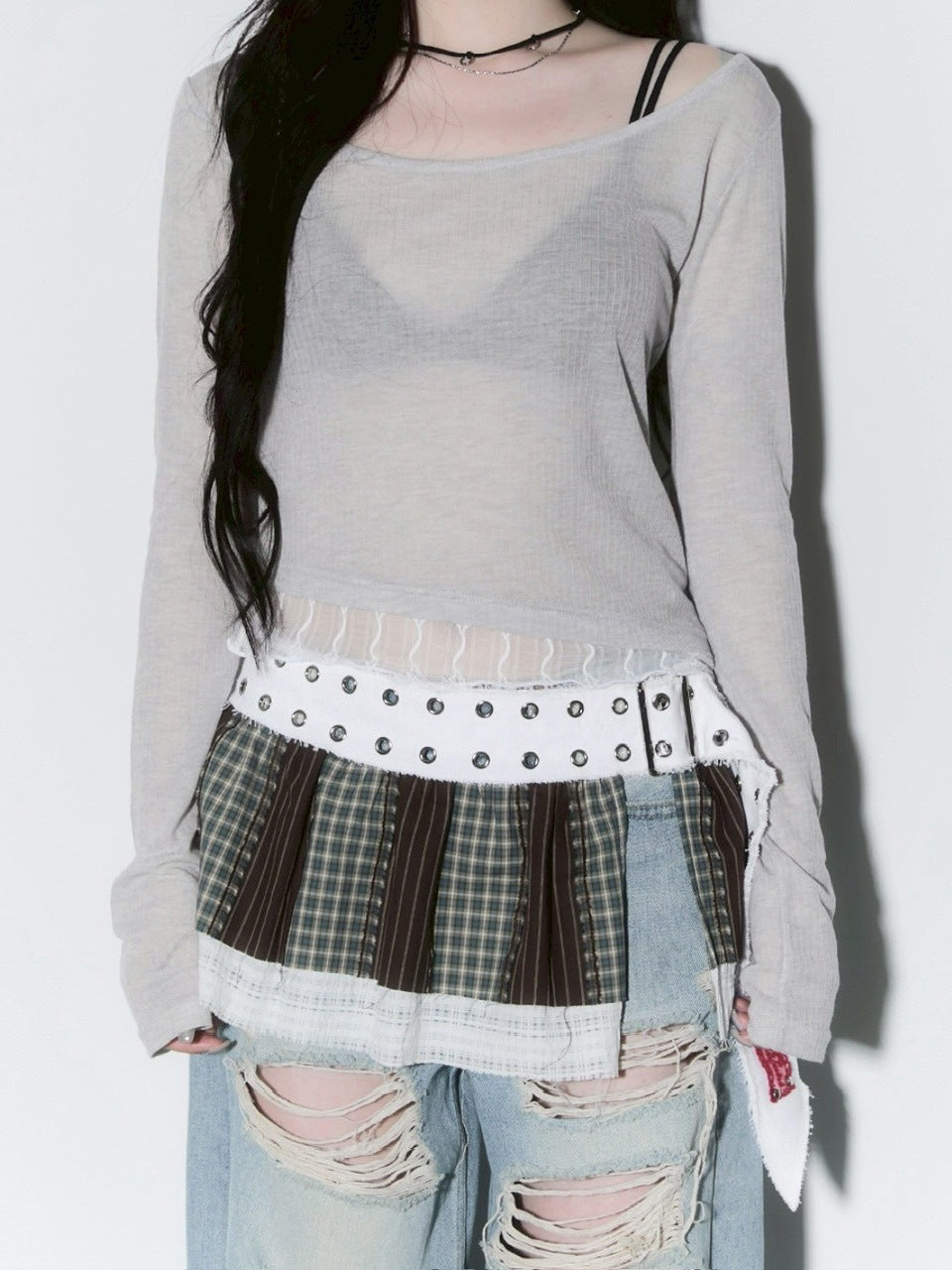 【CHERRYQUIRI】sheer layered unbal sleeve / 【チェリーキュリー】シアーレイヤードアンバランス長袖トップス