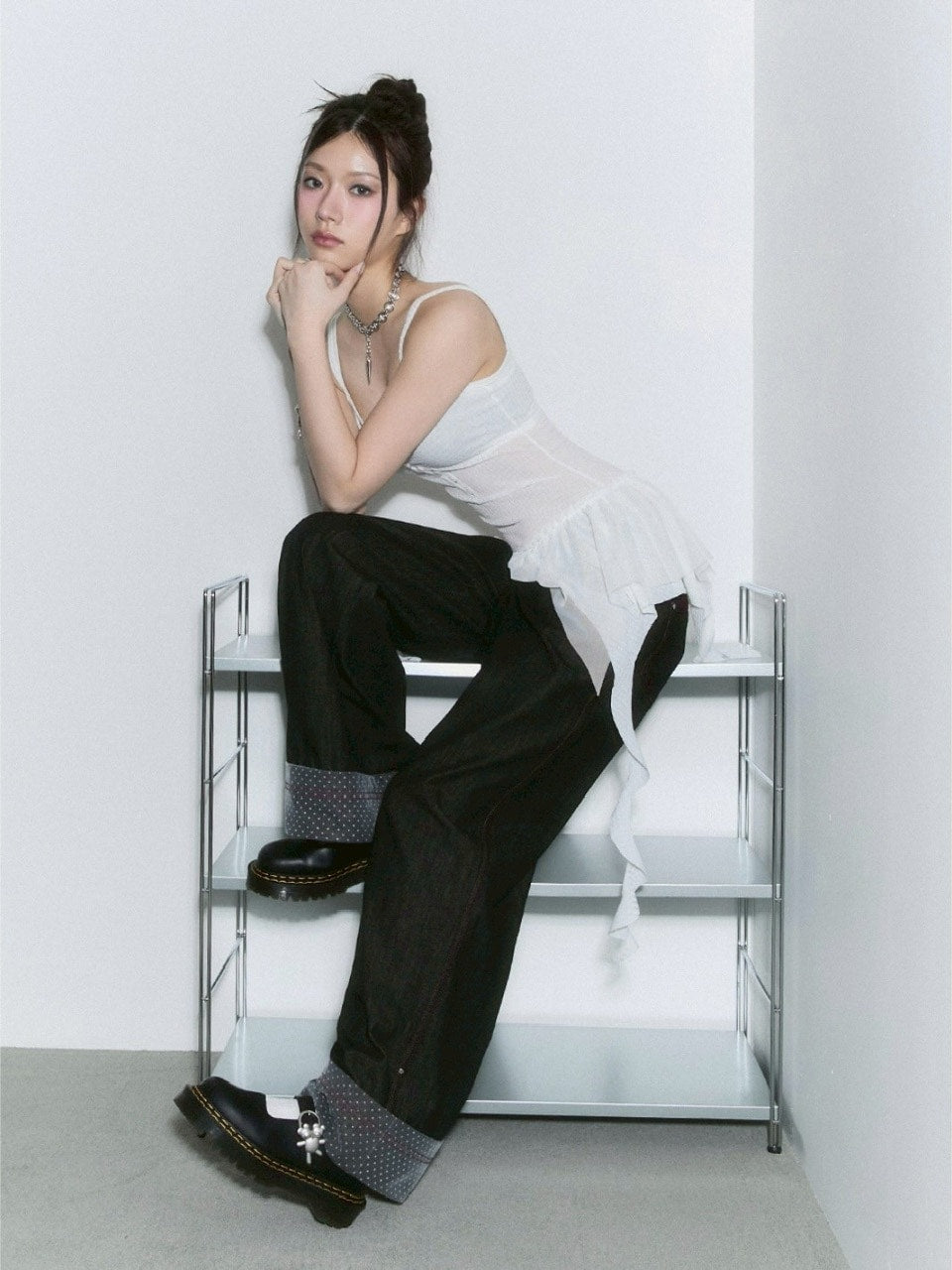 【CHERRYQUIRI】lace layered roll up denim / 【チェリーキュリー】レースレイヤードロールアップデニムパンツ