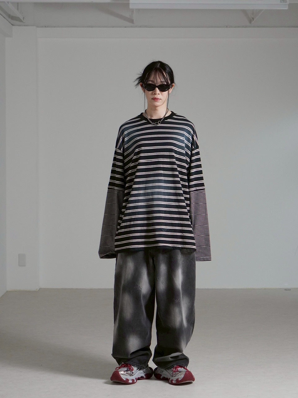 【Chikashitsu +】oversized layered border washed long sleeve / 【チカシツプラス】オーバーサイズウォッシュドレイヤードボーダー長袖Tシャツ(2color)