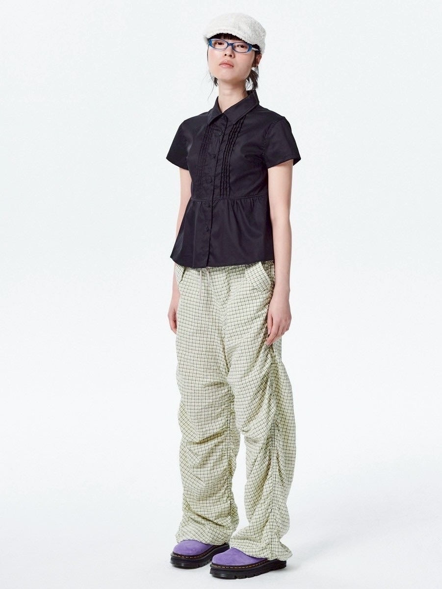 【runningHIGH】CHECK SHIRRING PARACHUTE PANTS