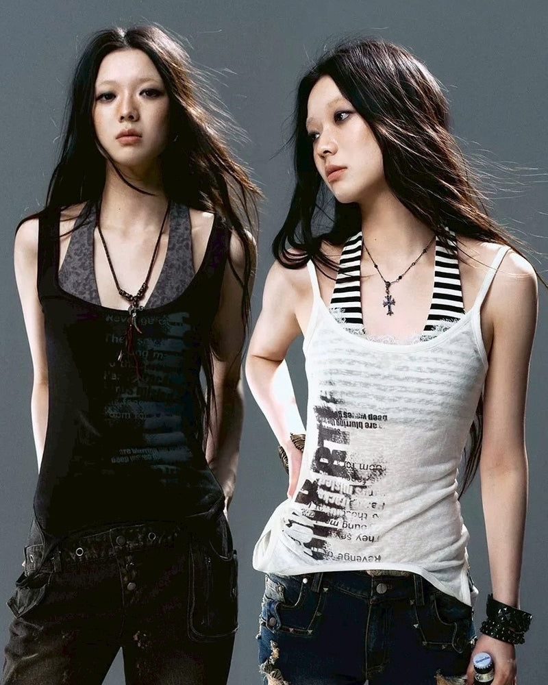 【Cest Nous】Graffiti Tank Top / 【セヌー】2wayグラフィックボーダーレイヤードタンクトップ