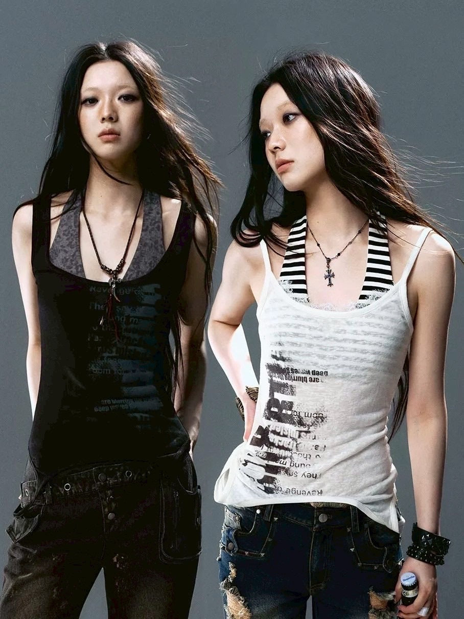 【Cest Nous】Graffiti Tank Top / 【セヌー】2wayグラフィックボーダーレイヤードタンクトップ