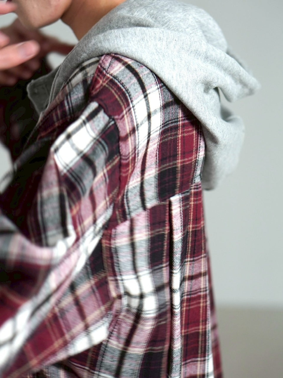 受注制【Chikashitsu +】hood mix check hoodie / 【チカシツプラス】フードミックスチェックパーカー (3color)