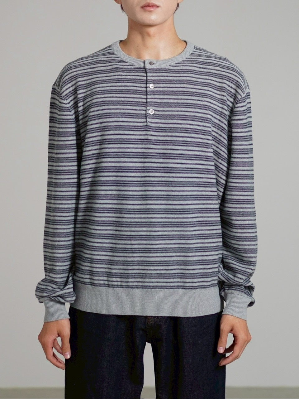 受注制【Chikashitsu +】cropped henry neck border knit / 【チカシツプラス】クロップドヘンリーネックボーダーニット (3color)