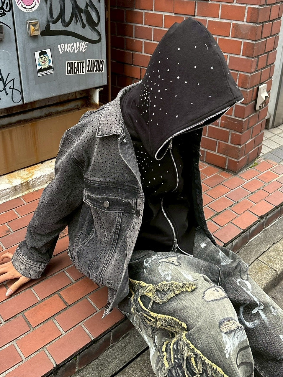 【Never mind the XU】rhinestone denim jacket / 【ネバーマインドザエックスユー】ラインストーンデニムジャケット (2color)