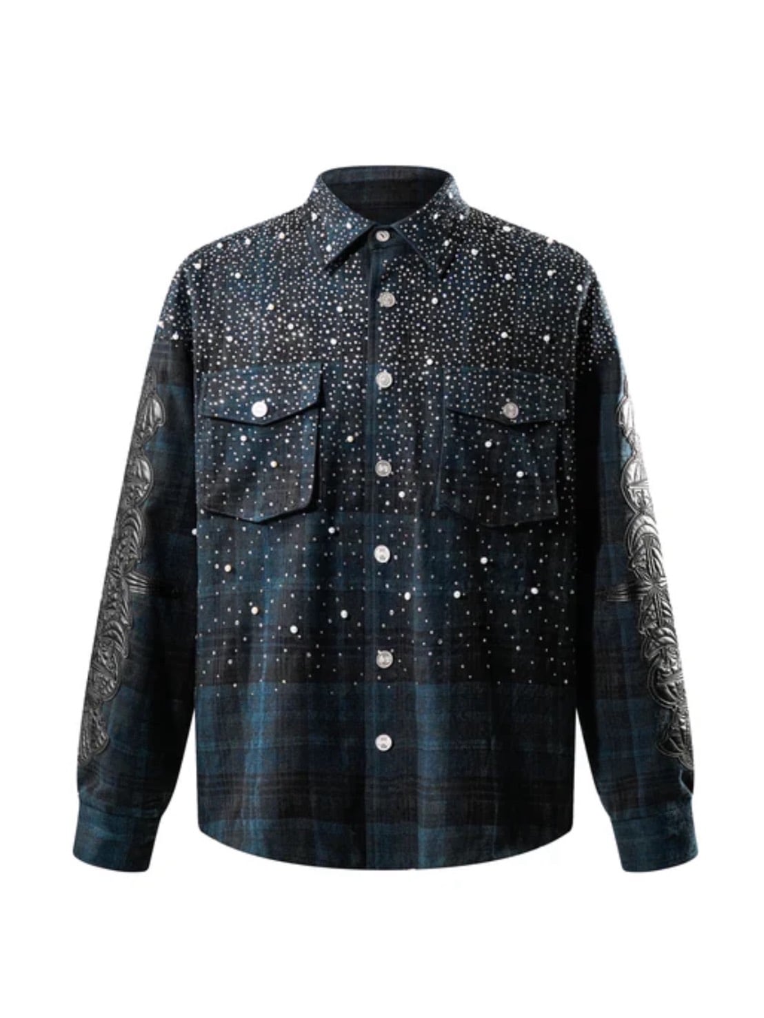 【The Boy Has No Patience】TBHNP LUMINOUS DAWN RHINESTONE PEARL BAT PATTERN L-S SHIRT / 【ザボーイハズノーペーシェンス】ラインストーンチェックシャツ