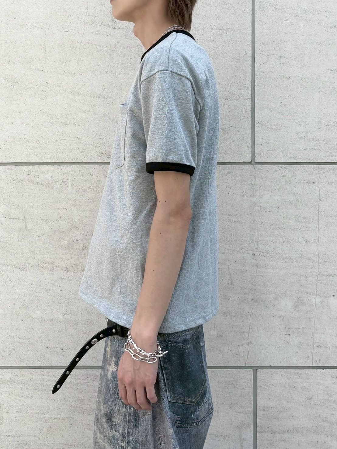 7/4 20:00発売 受注制【nmtc+】Washed Rivet Pocket Crop Slim Fit Tee (2color)