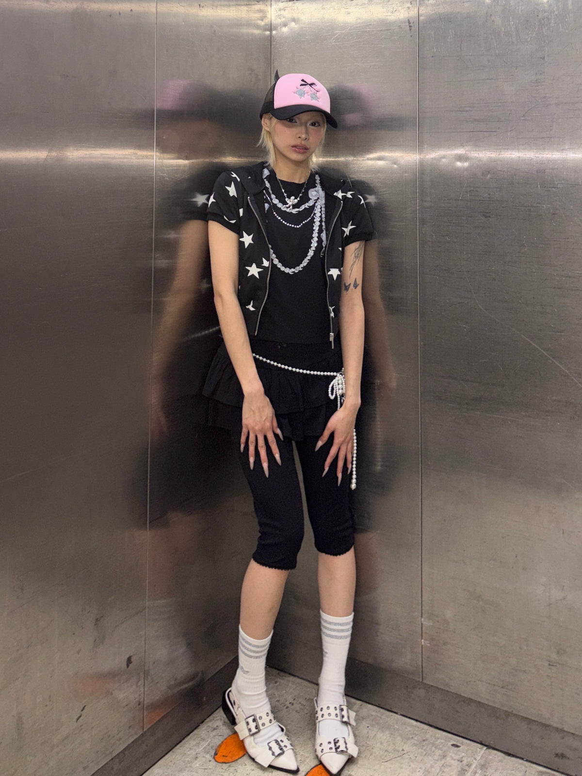 国際配送【Never mind the XU】star short sleeve zip-up hoodie
