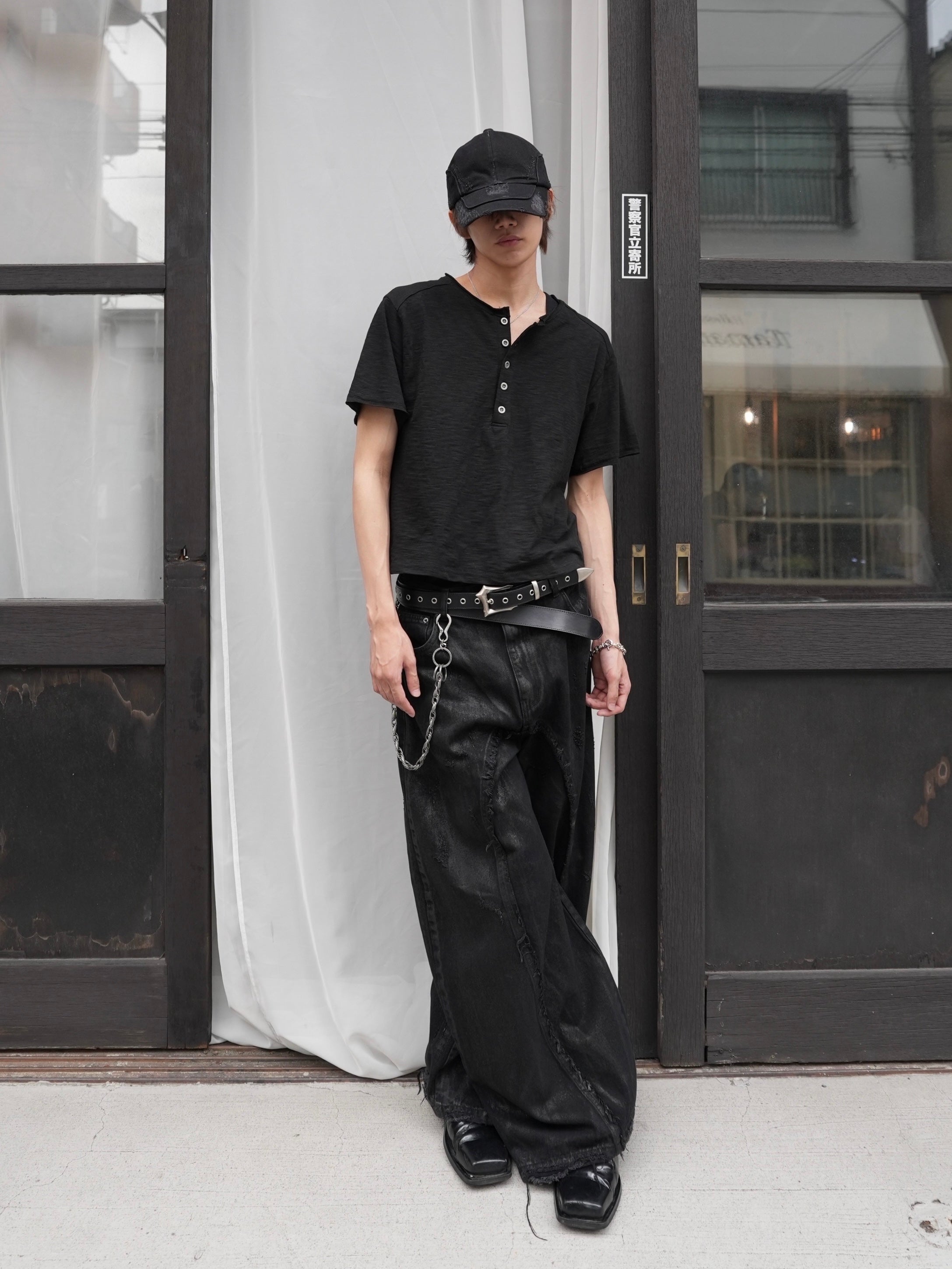 【CHIKASHITSU PLUS HIGH】Steel button short sleeve henley tee (2color)