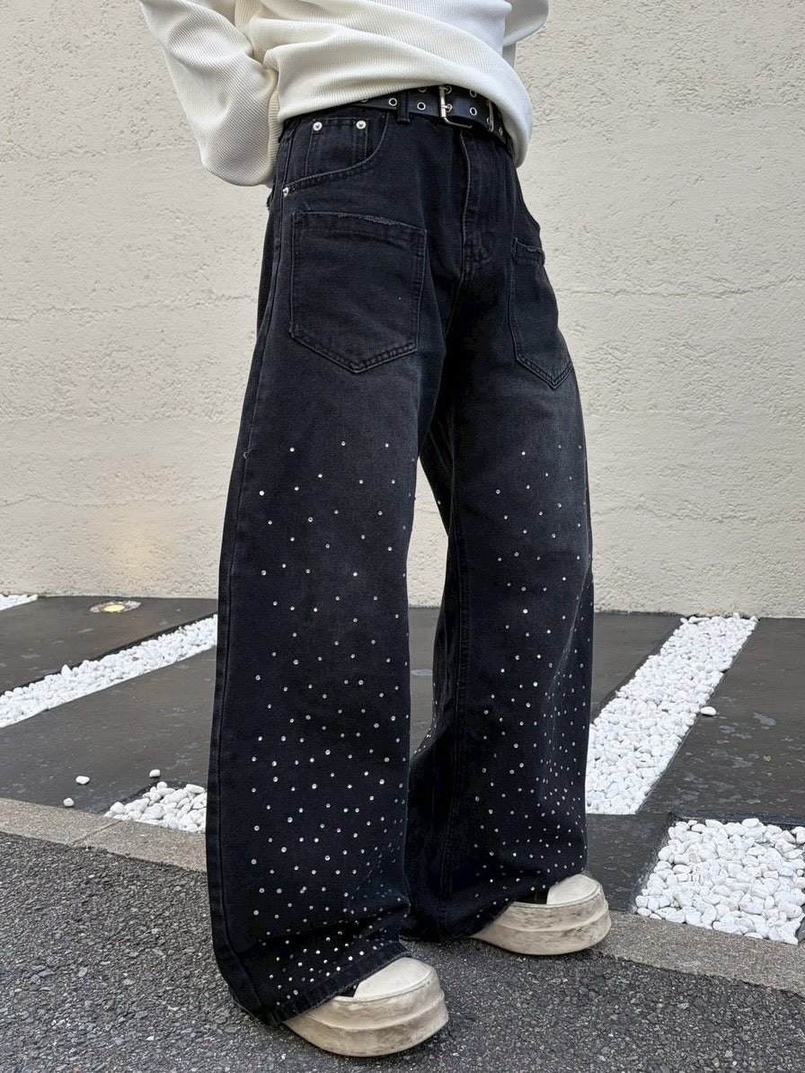 国際配送【LUV CODE】rhinestone wide denim pants (2color)