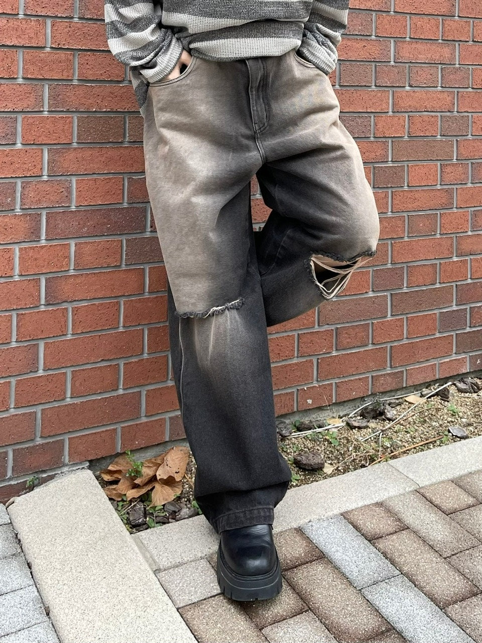 受注制【Chikashitsu +】vintage wash damage denim pants (2color)