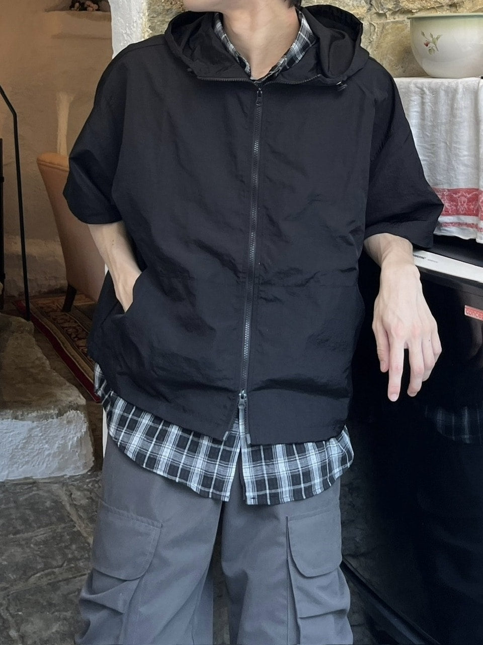 受注制【youll】half sleeve nylon hooded blouson (2color)