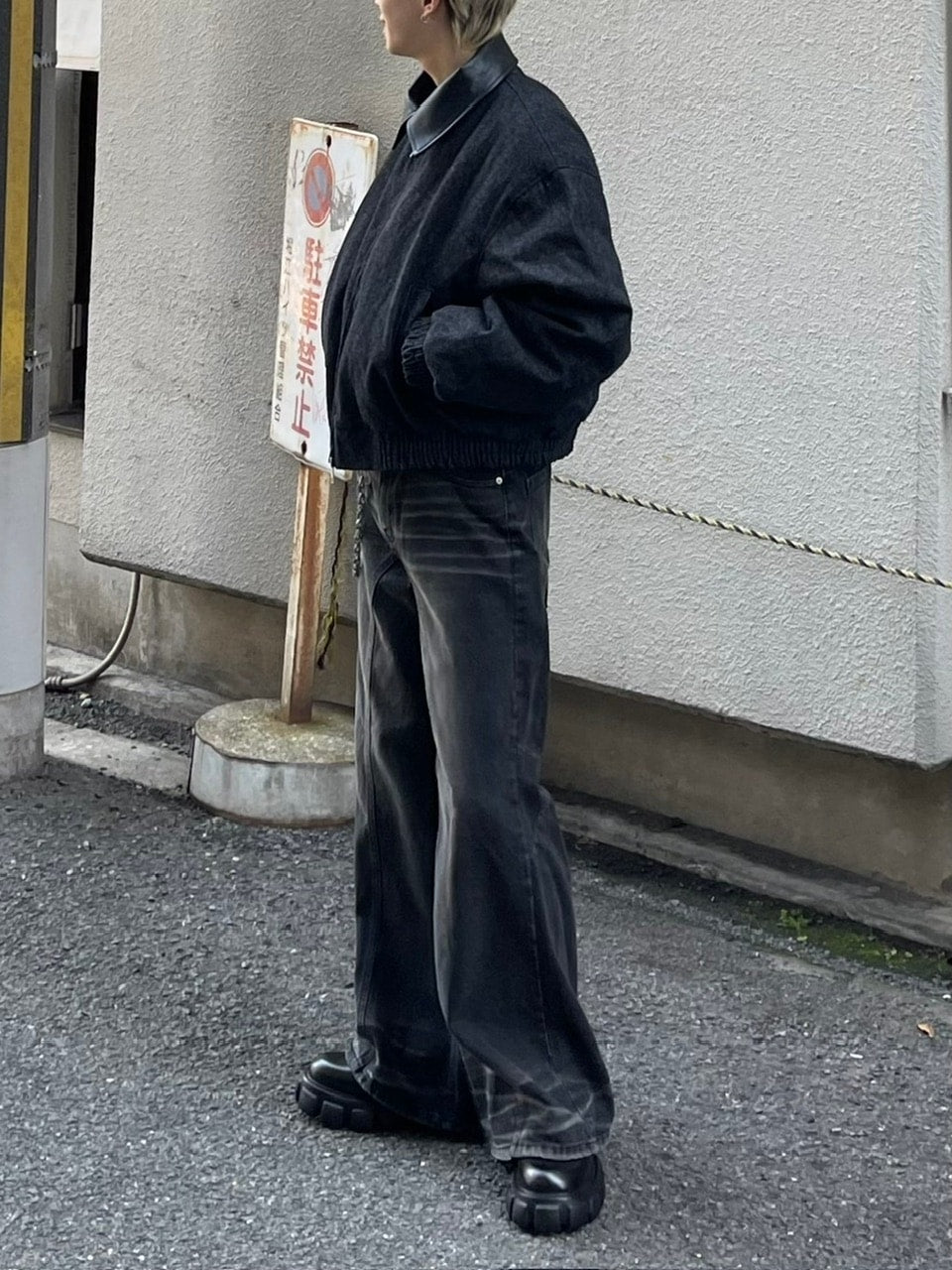 大阪店WEB限定【Chikashitsu +】cropped leather collar denim jacket