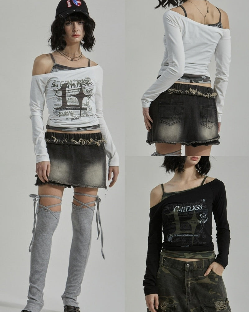 【GATELESS】CAMOUFLAGE LAYERED ONE SHOULDER T-SHIRT