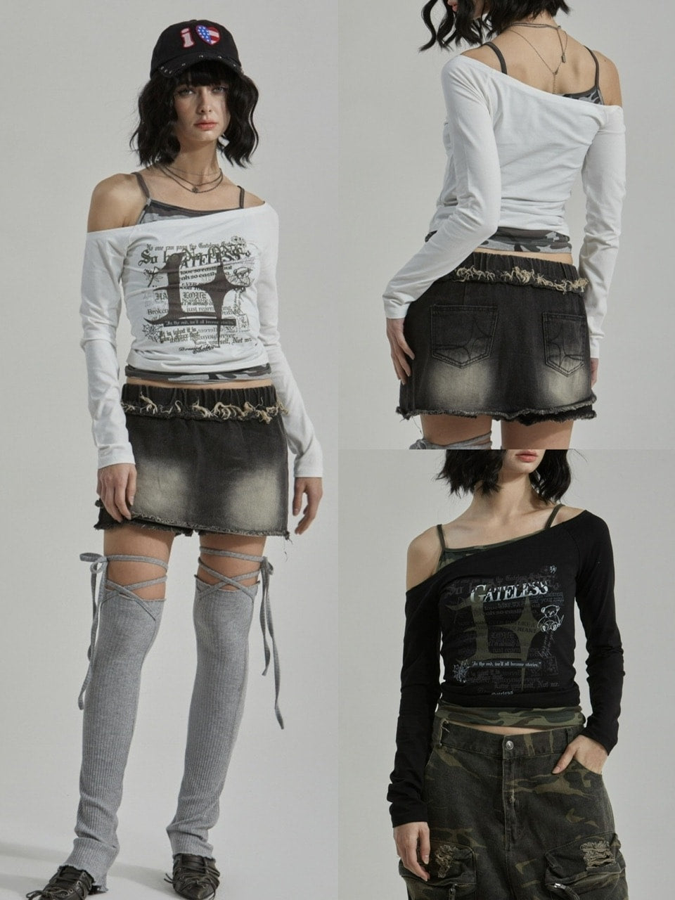 【GATELESS】CAMOUFLAGE LAYERED ONE SHOULDER T-SHIRT