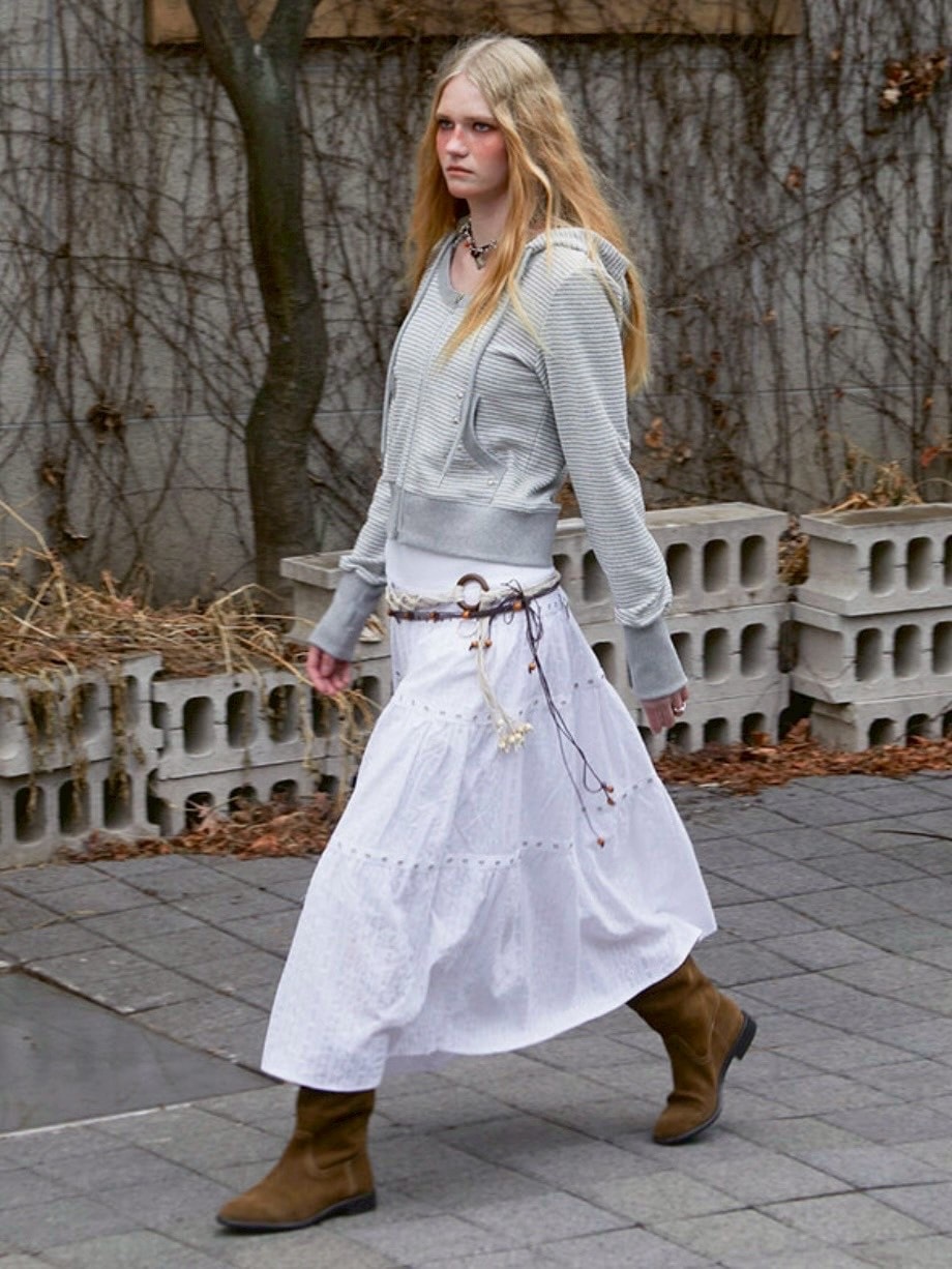 【NOT KNOWING】U Neck Stripe Hood Zip Up