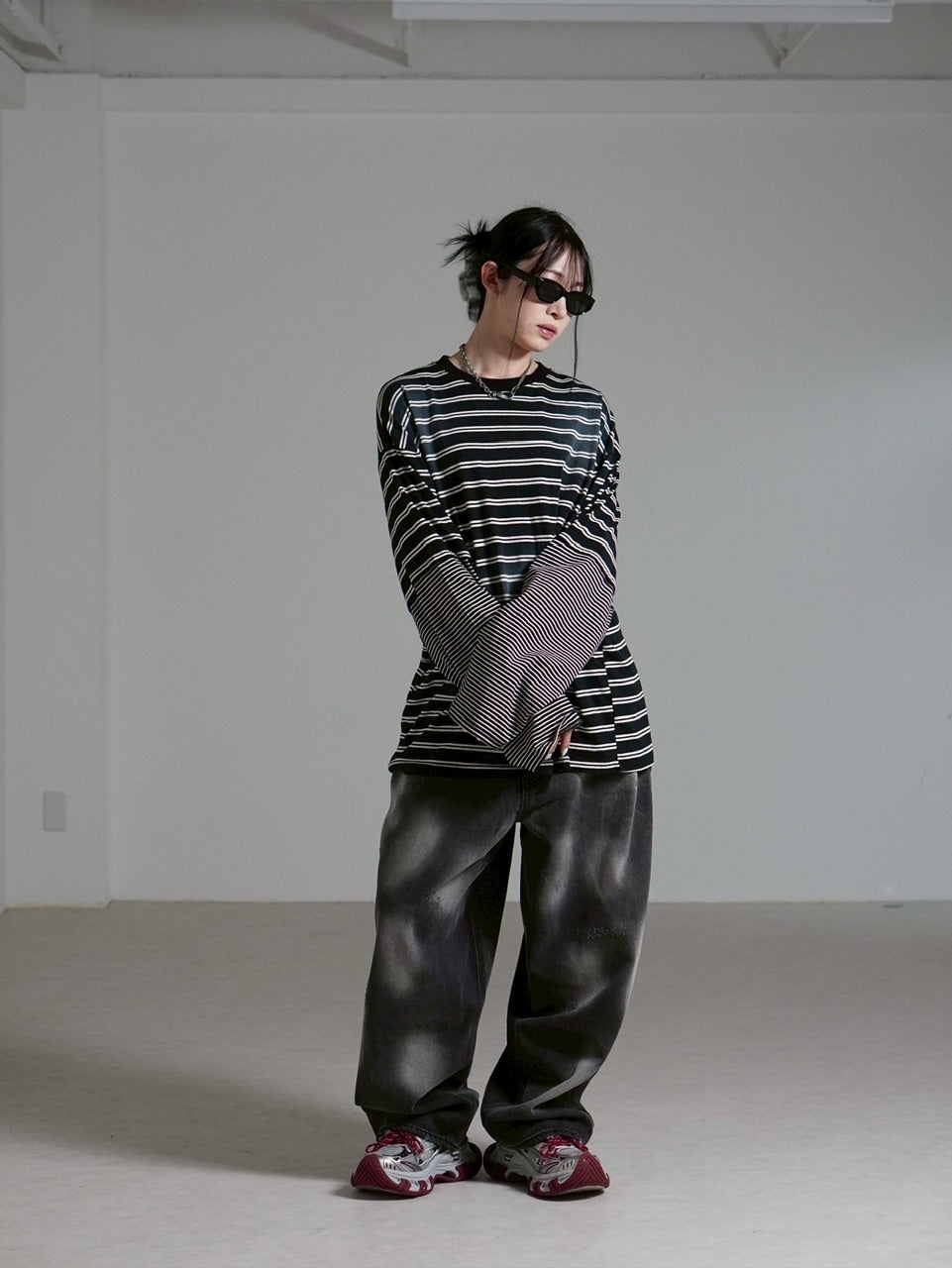 【Chikashitsu +】oversized layered border washed long sleeve / 【チカシツプラス】オーバーサイズウォッシュドレイヤードボーダー長袖Tシャツ(2color)